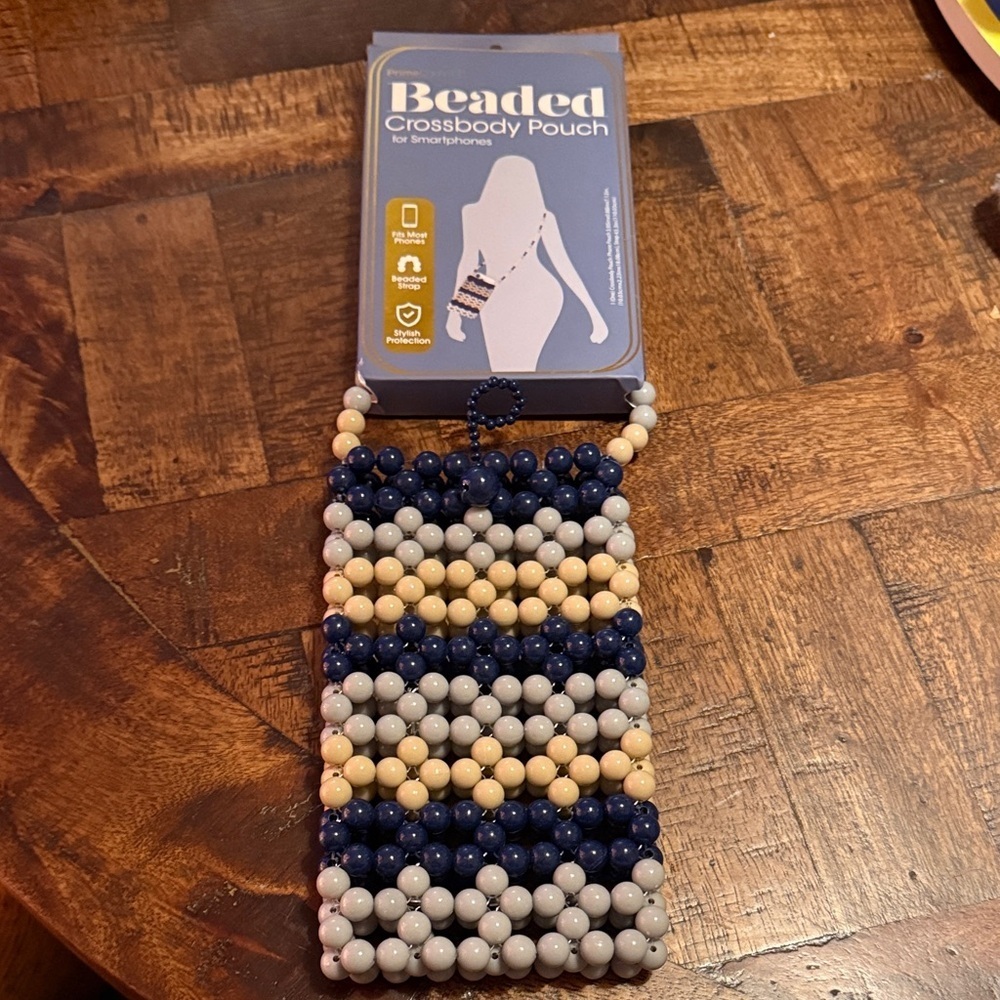 Beaded Crossbody Pouch - Navy, Cream, and Yellow